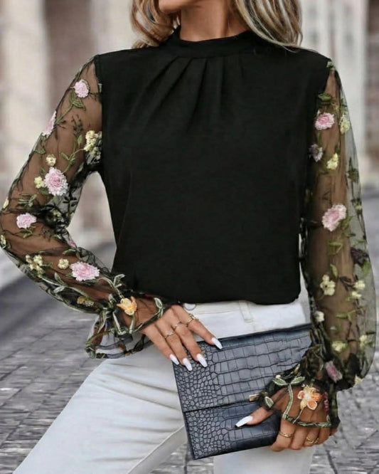 Elegant Top With Floral Tulle Long Sleeve