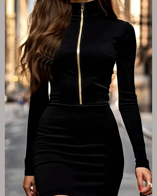 Velvet Short Skinny Dress With Golden Zipper