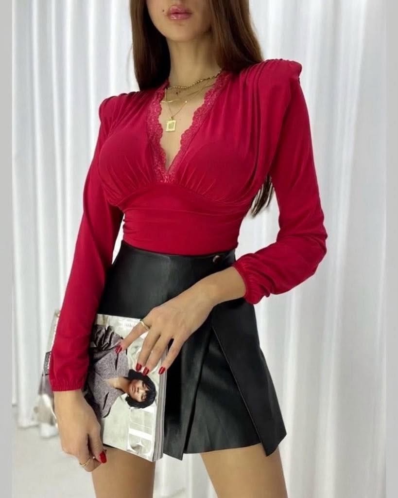 Elegant V-Neck Long Sleeve Blouse With Delicate Lace Trim