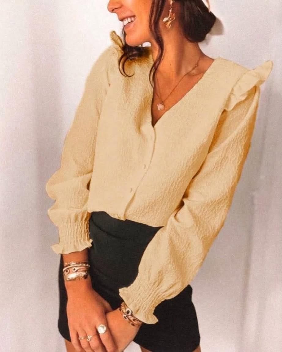 Featuring Ruffled V-Neck Shirt