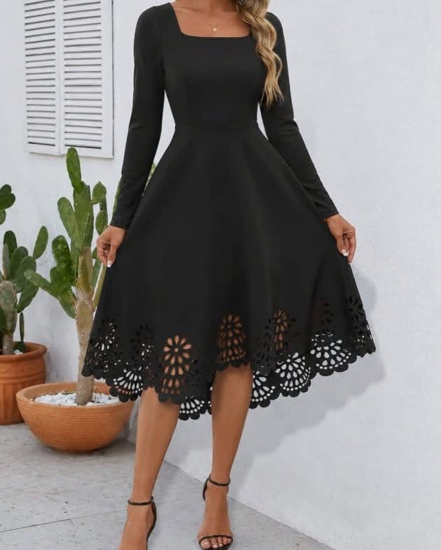 Square Neck Laser Cut-Out A-Line Midi Dress