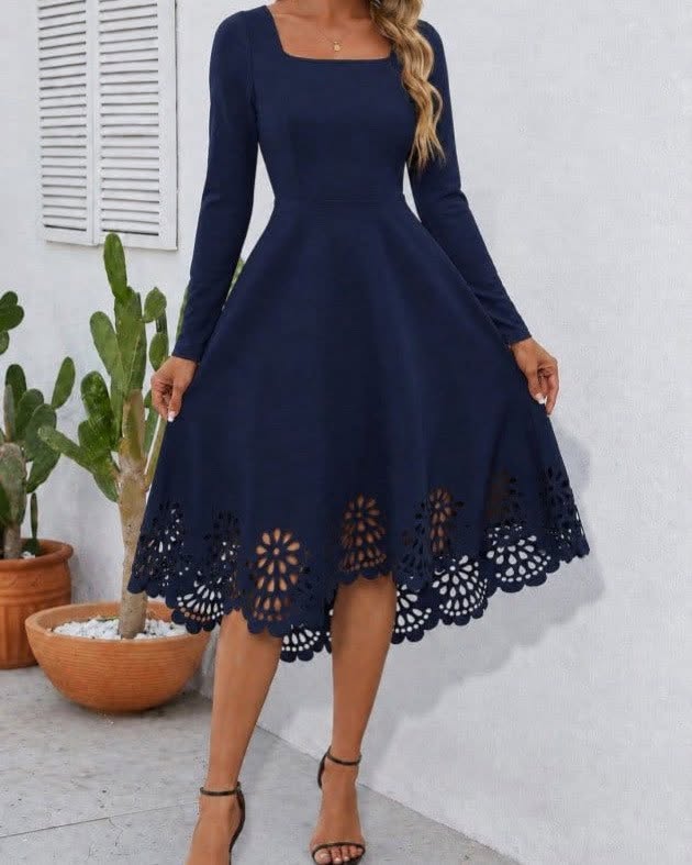 Square Neck Laser Cut-Out A-Line Midi Dress