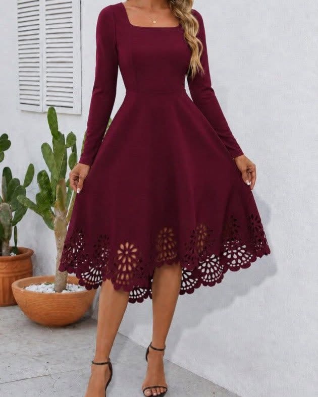 Square Neck Laser Cut-Out A-Line Midi Dress