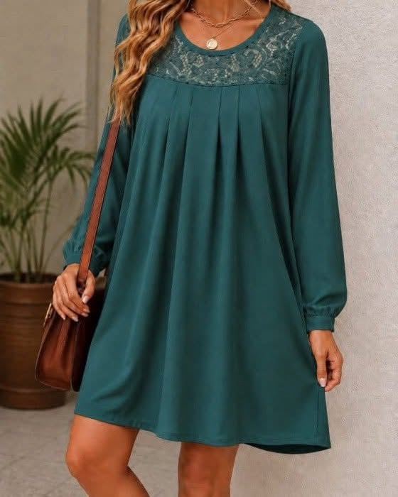 Chic Long-Sleeve Dress Featuring Delicate Lace Detailing And Elegant Front Pleats