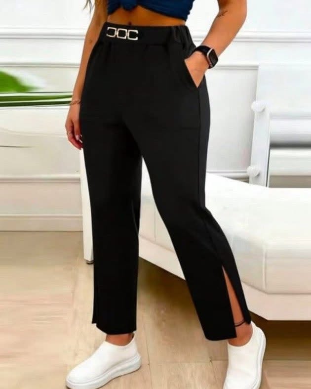 High-Waisted Trousers With Side Slits And Decorative Buckle