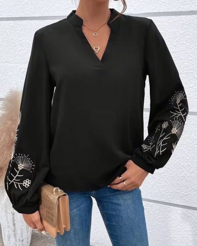 Floral Embroidered Long Sleeve V-Neck Top