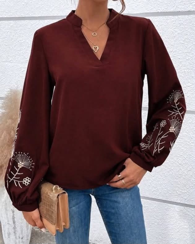 Floral Embroidered Long Sleeve V-Neck Top