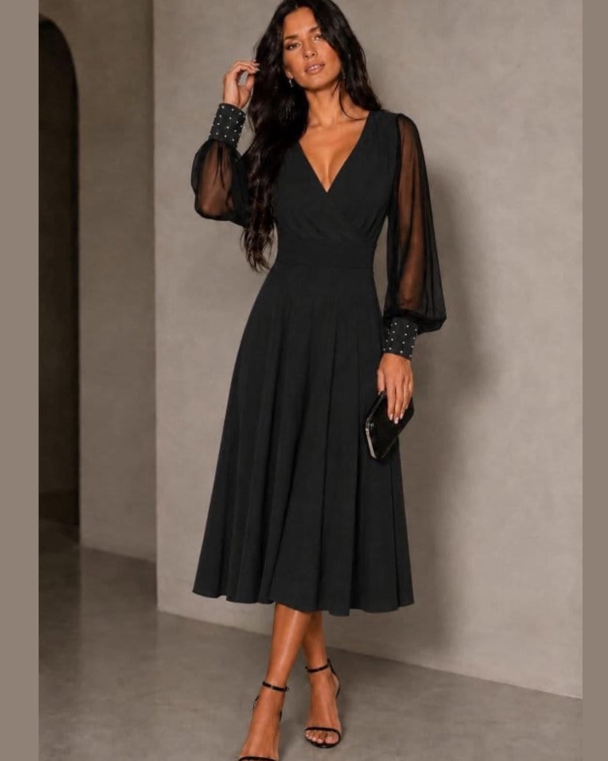 Elegant V-Neck Midi Dress With Sheer Balloon Sleeve