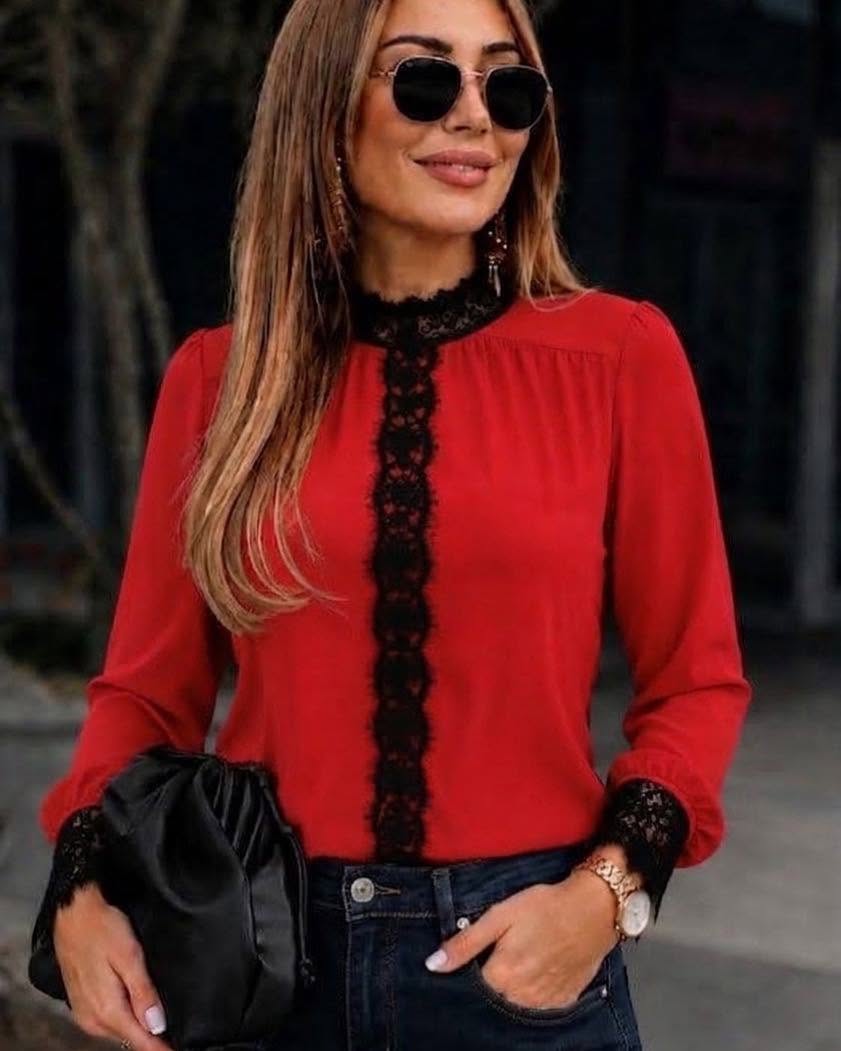 Long-Sleeve Blouse With Black Lace Details On The Collar Center, And Cuffs