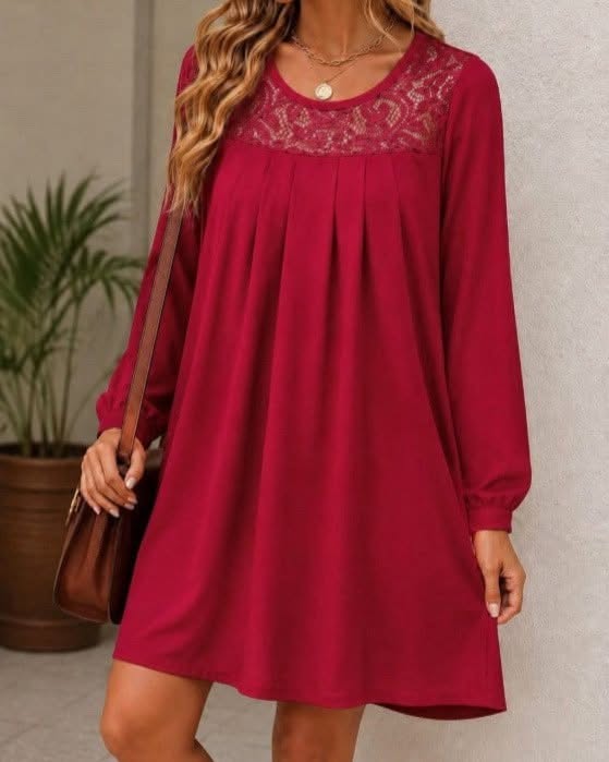 Chic Long-Sleeve Dress Featuring Delicate Lace Detailing And Elegant Front Pleats