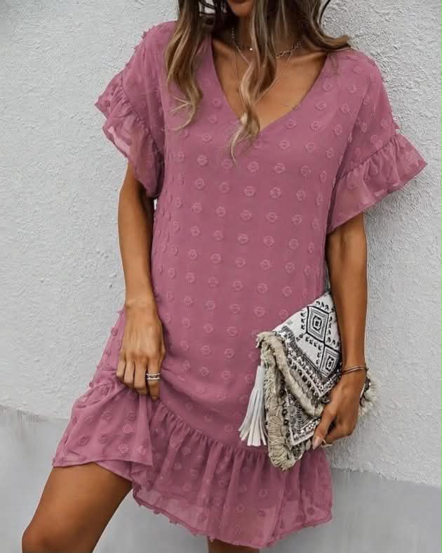 V-Neck Short Dress With Ruffles