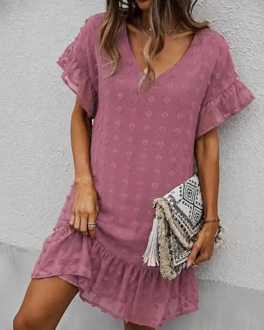 V-Neck Short Dress With Ruffles