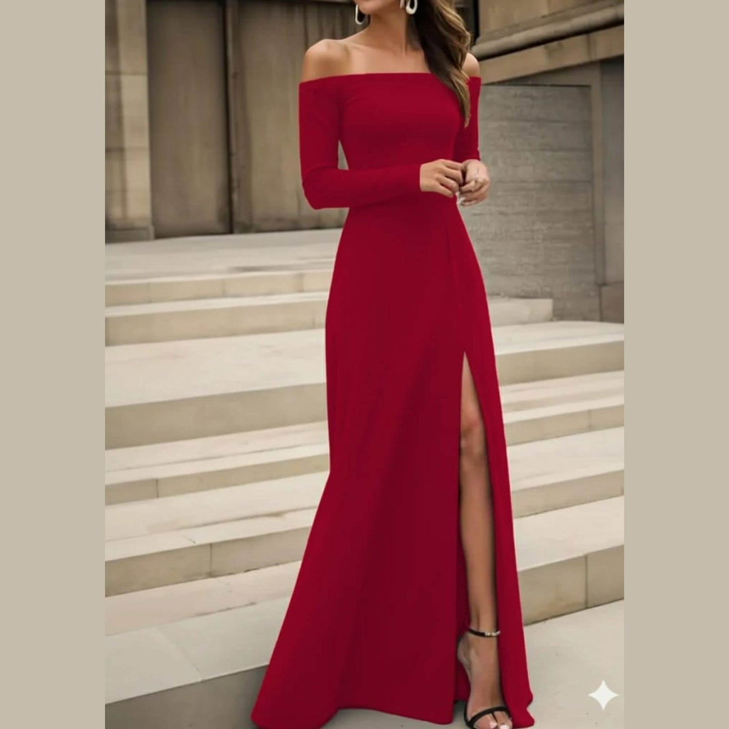 OF Shoulder Long Sleeve Long Dress With Slit
