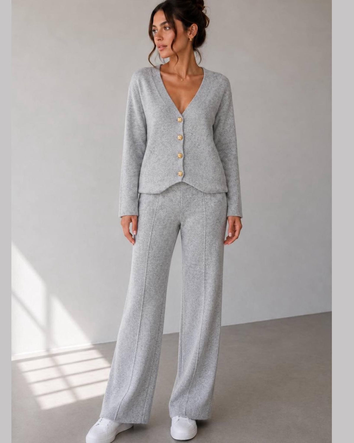 Buttoned Cardigan And Wide-Leg Trousers Set