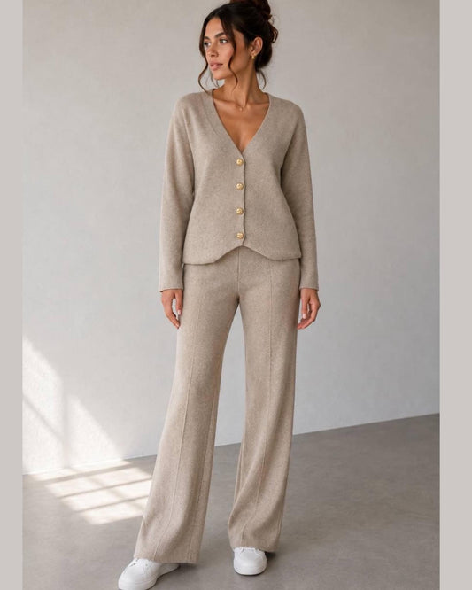Buttoned Cardigan And Wide-Leg Trousers Set