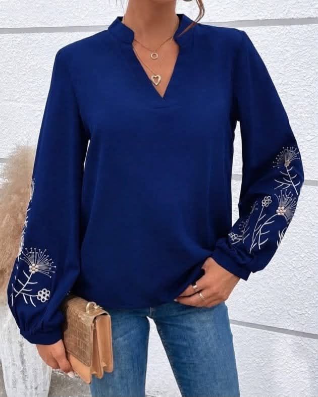 Floral Embroidered Long Sleeve V-Neck Top