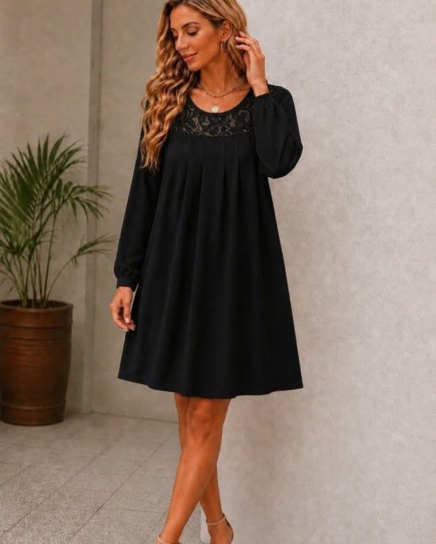 Chic Long-Sleeve Dress Featuring Delicate Lace Detailing And Elegant Front Pleats