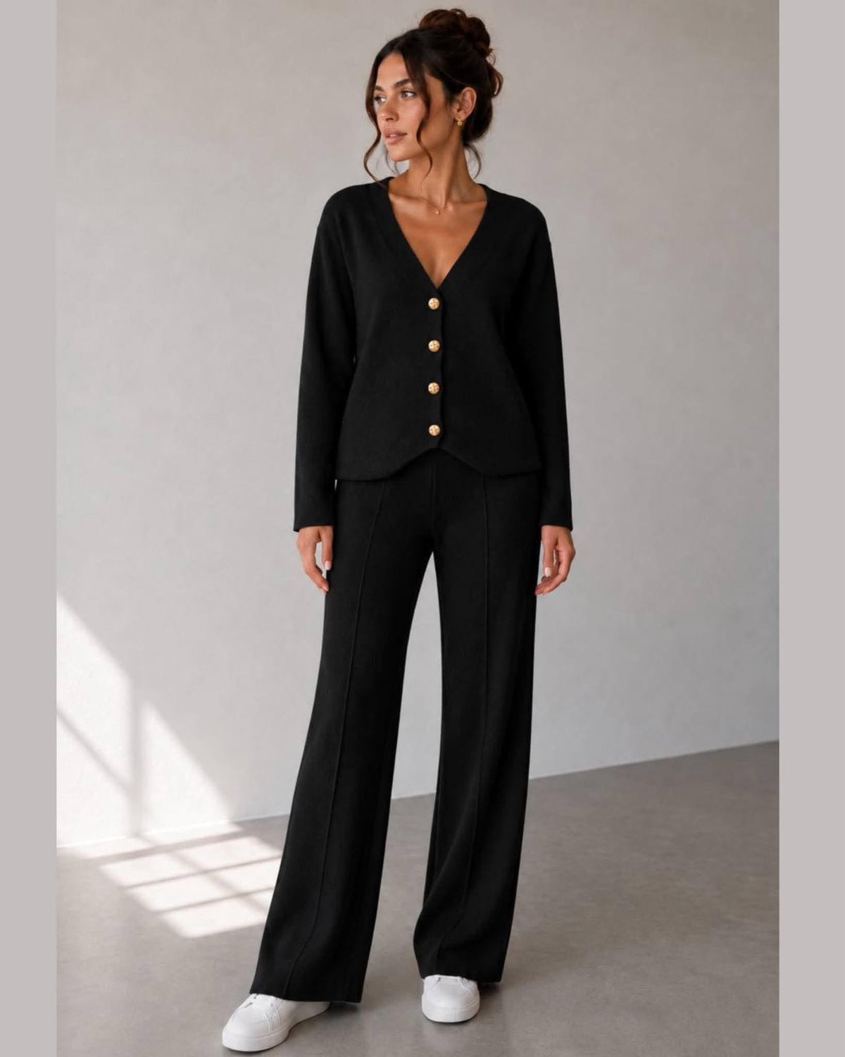 Buttoned Cardigan And Wide-Leg Trousers Set