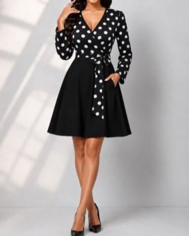 Polka Dot Wrap V-Neck A-Line Dress With Belt