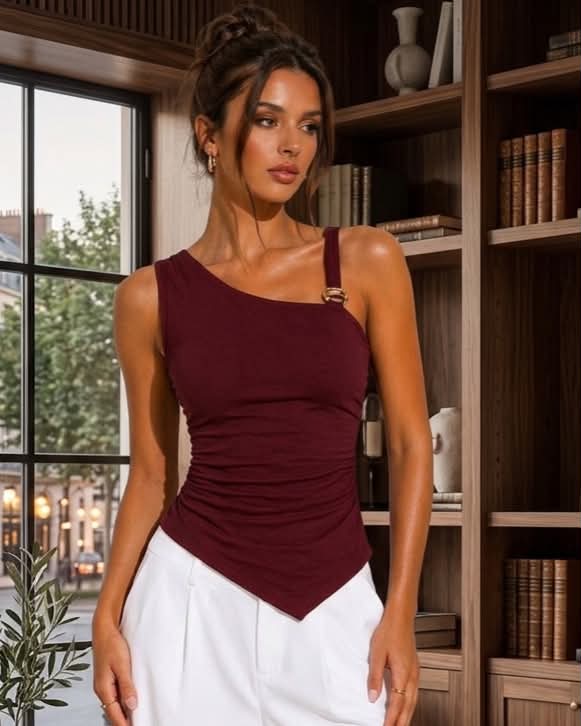 Of Shoulder Unsymmetric Top With Golden Buckle