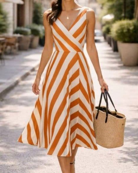 Stripped Cut Two Colors V-Neck Dress
