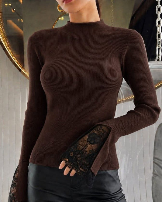 Fitted Ribbed Top With Laces-Trimmed Cuffs And A High Neckline