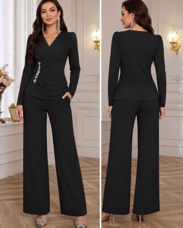 Elegant Two-Piece Set With Flattering Wrap-style Top Long Sleeves And Wide-Leg Pants