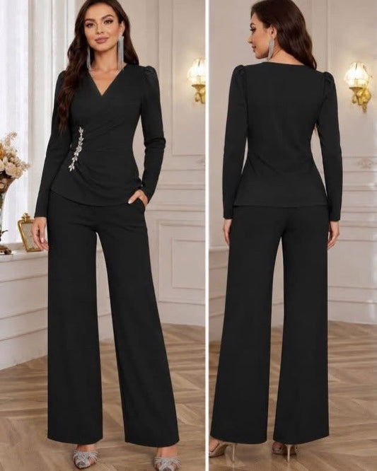 Elegant Two-Piece Set With Flattering Wrap-style Top Long Sleeves And Wide-Leg Pants