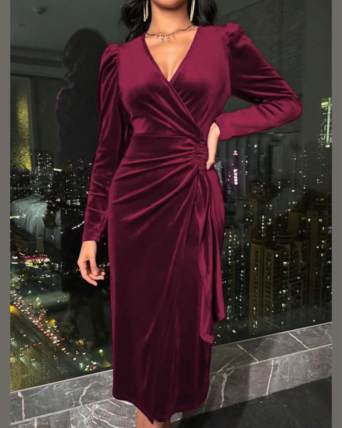 Elegant Velvet Midi Wrap Dress Featuring A V-neckline, Long Puff Sleeves, And Ruched Side-Draping For A Flattering Fit