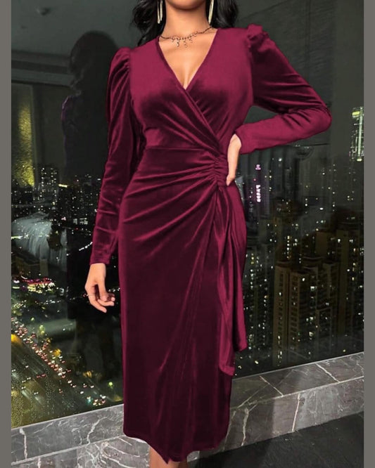 Elegant Velvet Midi Wrap Dress Featuring A V-neckline, Long Puff Sleeves, And Ruched Side-Draping For A Flattering Fit