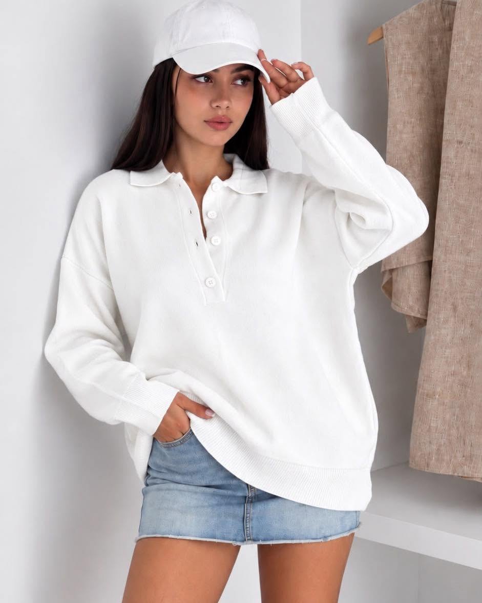 Oversized Knit Polo Sweater With Buttoned Collar