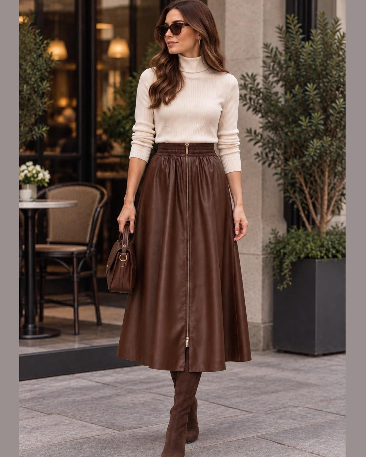 Faux-Leather Zip-Front Midi A-Line Skirt