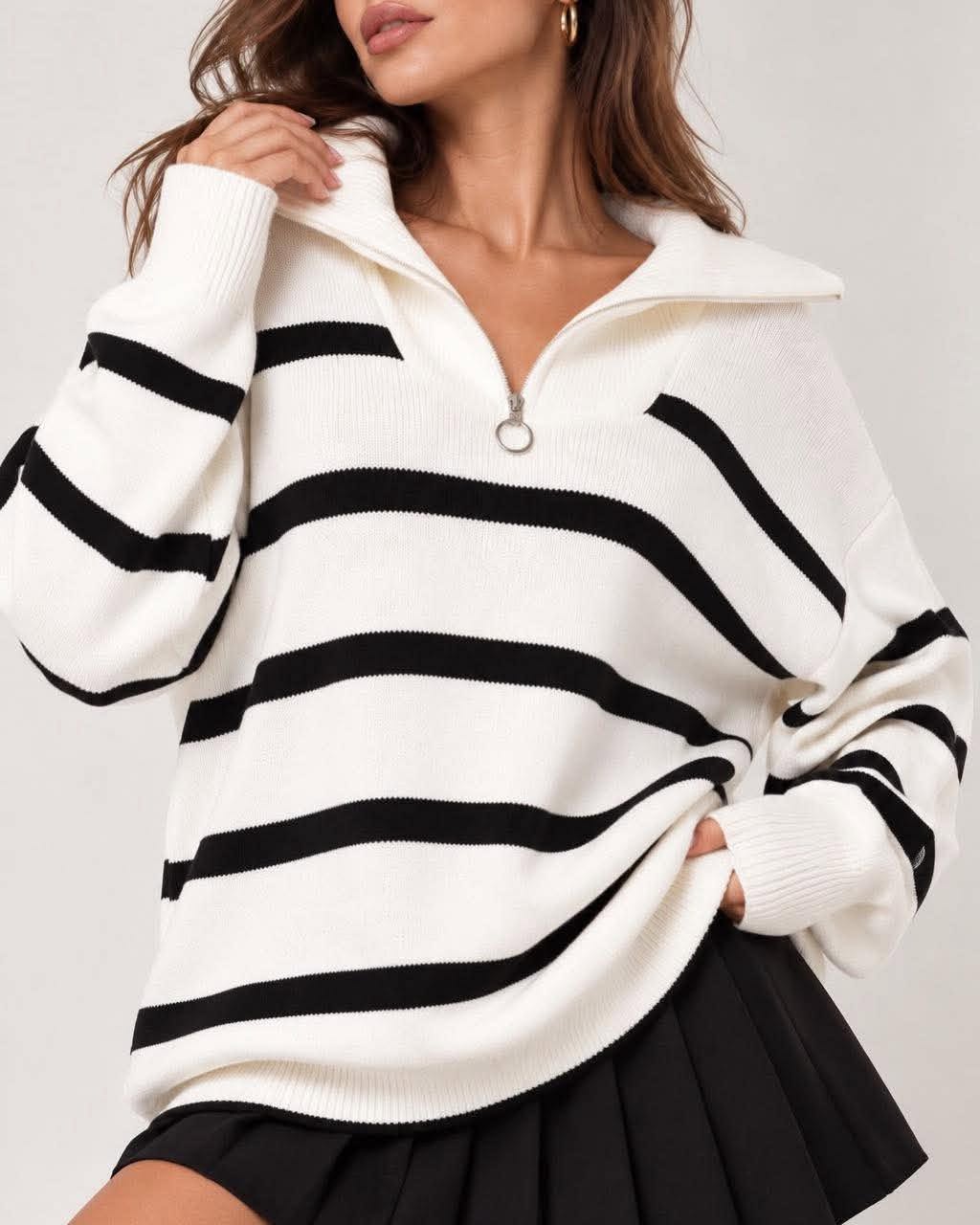 Oversized Striped Half-Zip Knit Sweater