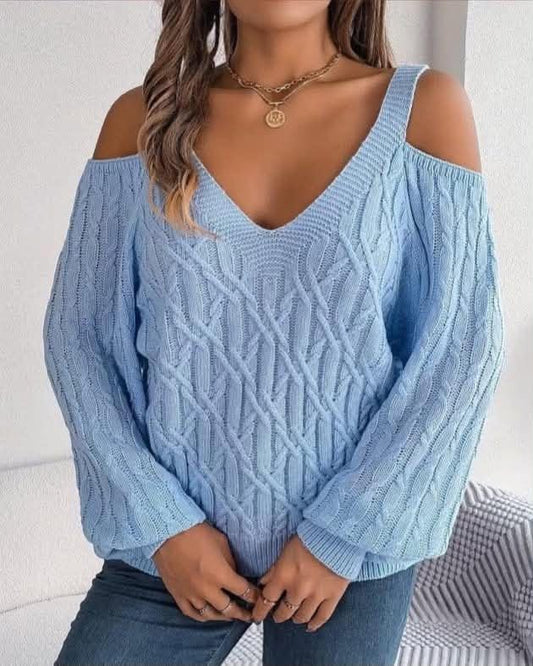 Cold-Shoulder Cable Knit V-neck Sweater