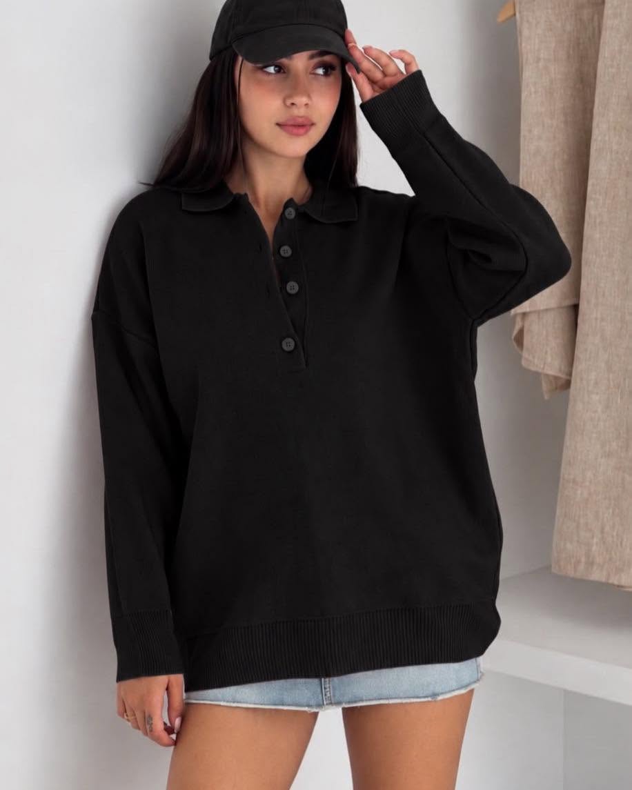 Oversized Knit Polo Sweater With Buttoned Collar