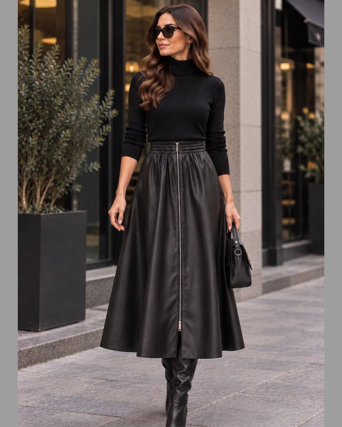 Faux-Leather Zip-Front Midi A-Line Skirt