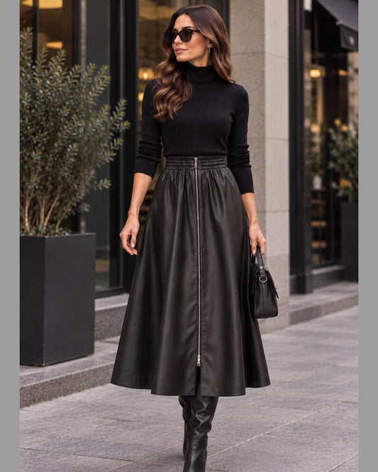 Faux-Leather Zip-Front Midi A-Line Skirt