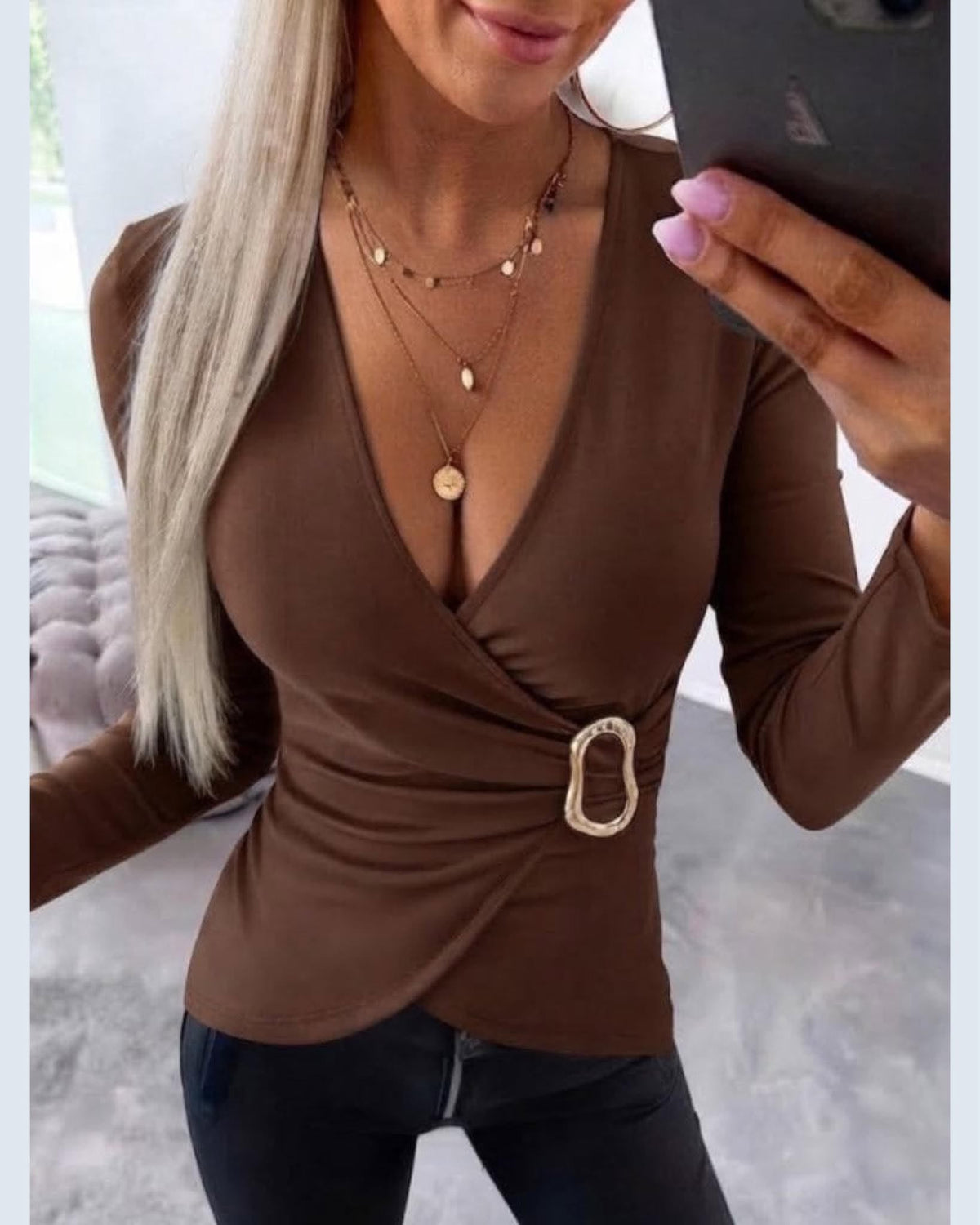 V-Neck Wrap Blouse With Ring Accent