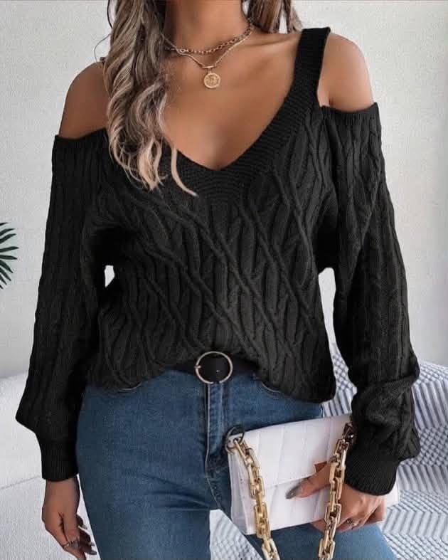 Cold-Shoulder Cable Knit V-neck Sweater