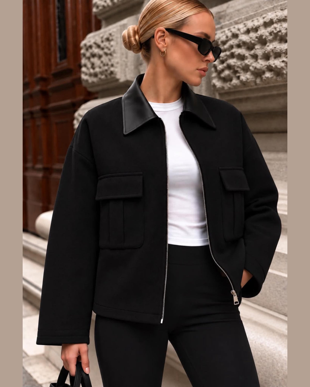 Zip-Up Jacket With Contrast Faux-Leather Collar & Front Flap Pockets