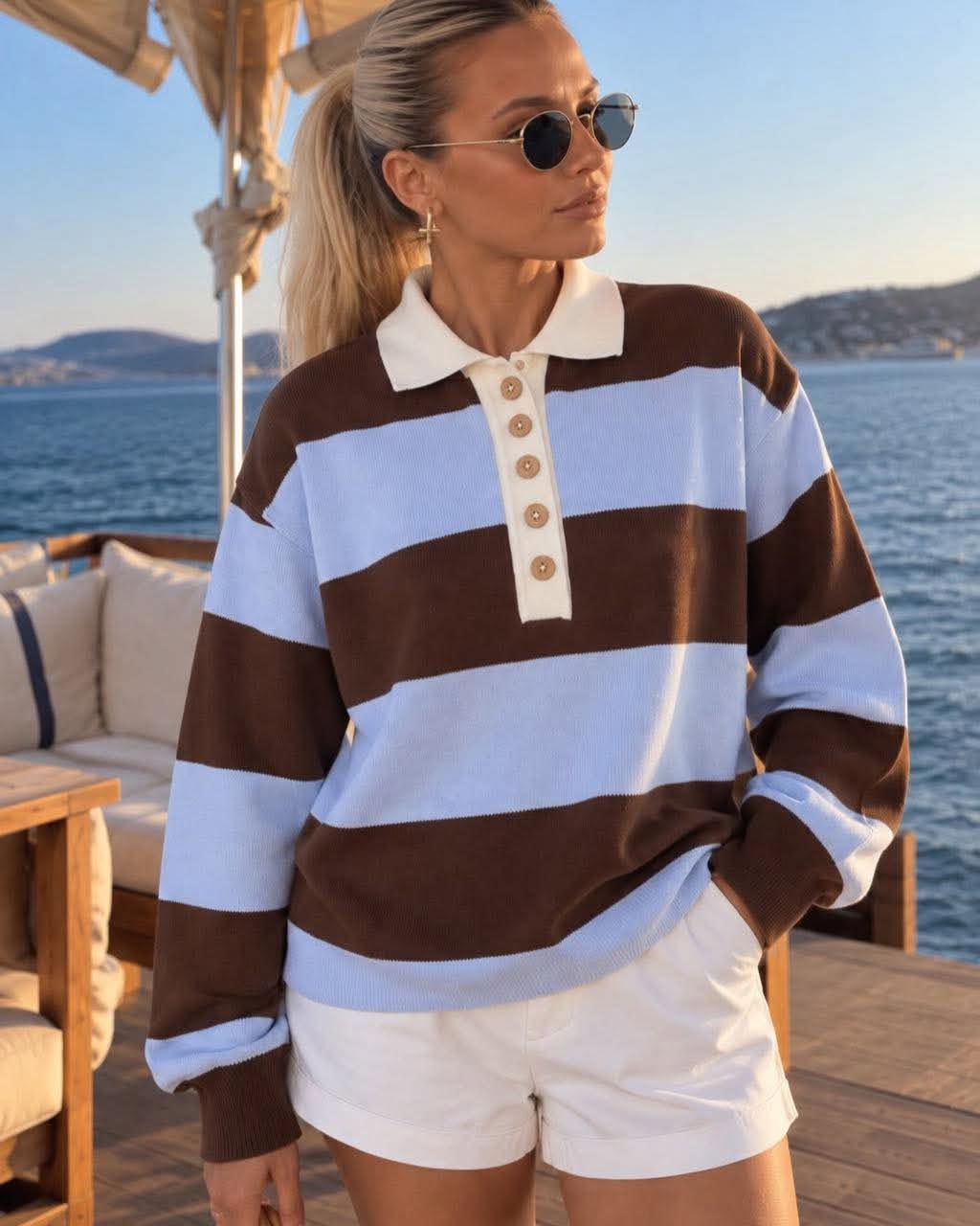 Striped Knit Polo Sweater With Buttoned Collar