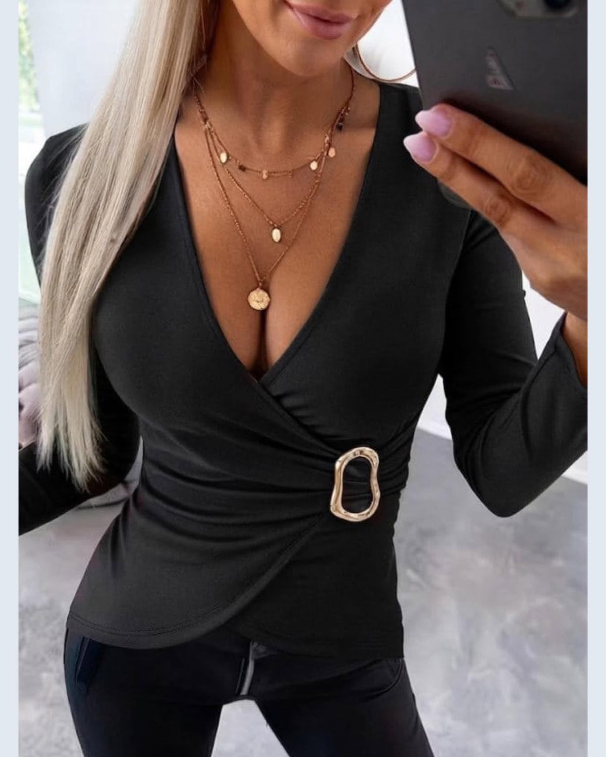 V-Neck Wrap Blouse With Ring Accent
