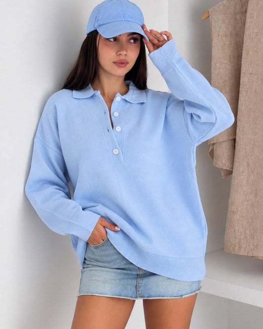 Oversized Knit Polo Sweater With Buttoned Collar