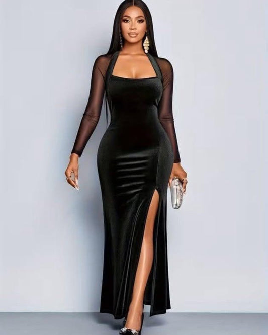 Mesh Sleeve Velvet Maxi Dress With High Slit