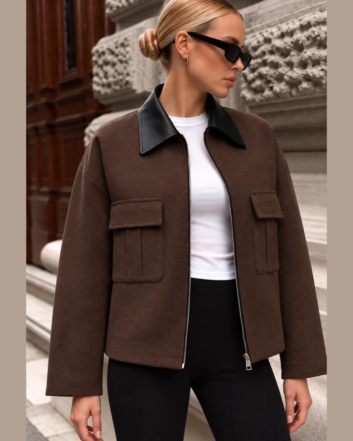 Zip-Up Jacket With Contrast Faux-Leather Collar & Front Flap Pockets