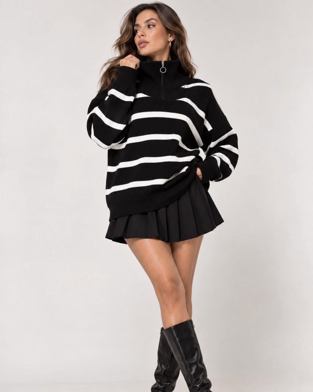 Oversized Striped Half-Zip Knit Sweater