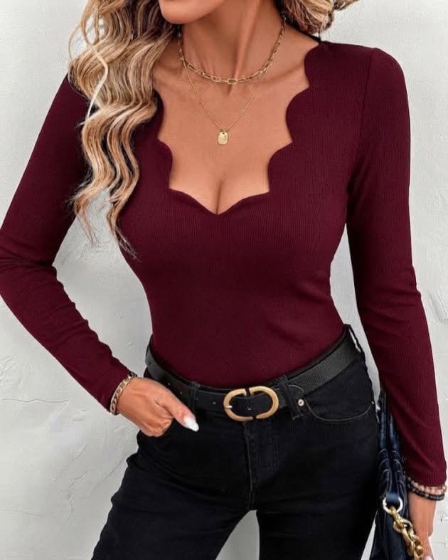 Scallop-Neck Long Sleeve Top