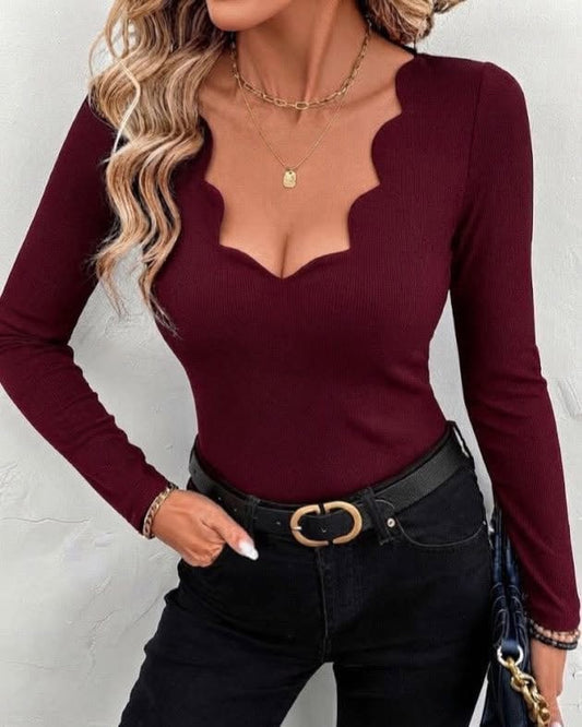Scallop-Neck Long Sleeve Top