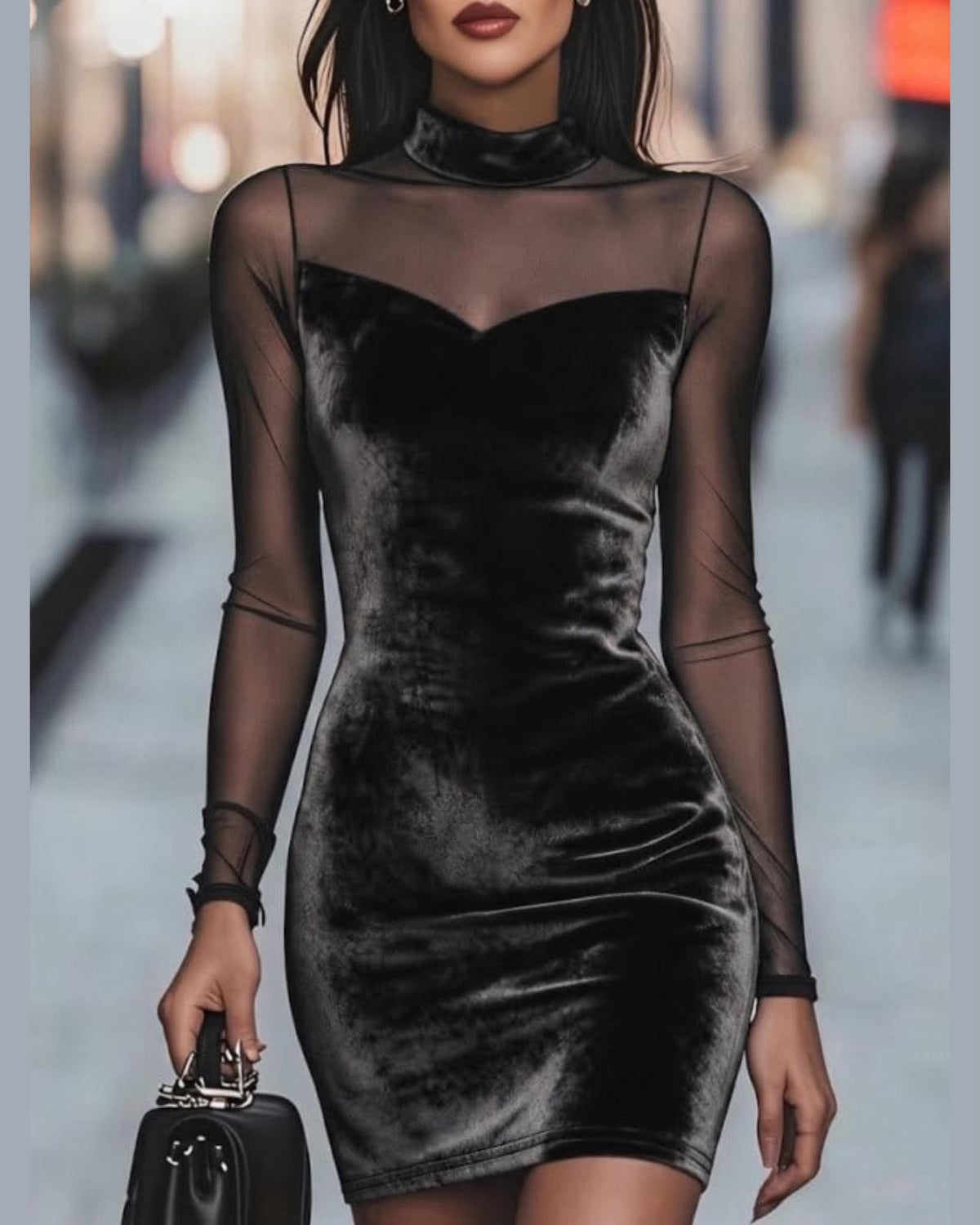 Elegant Velvet Bodycon Dress With Sheer Mesh Long Sleeves And A High Neck