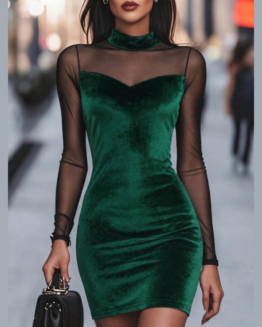 Elegant Velvet Bodycon Dress With Sheer Mesh Long Sleeves And A High Neck